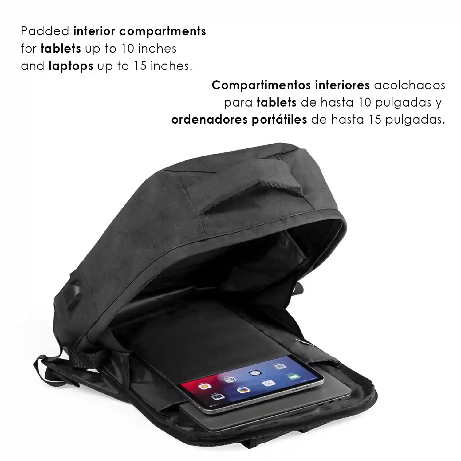 Mochila antirrobo Komplete de poliester 300D, con toma USB exterior.  Bolsillo en lateral con protección RFID.