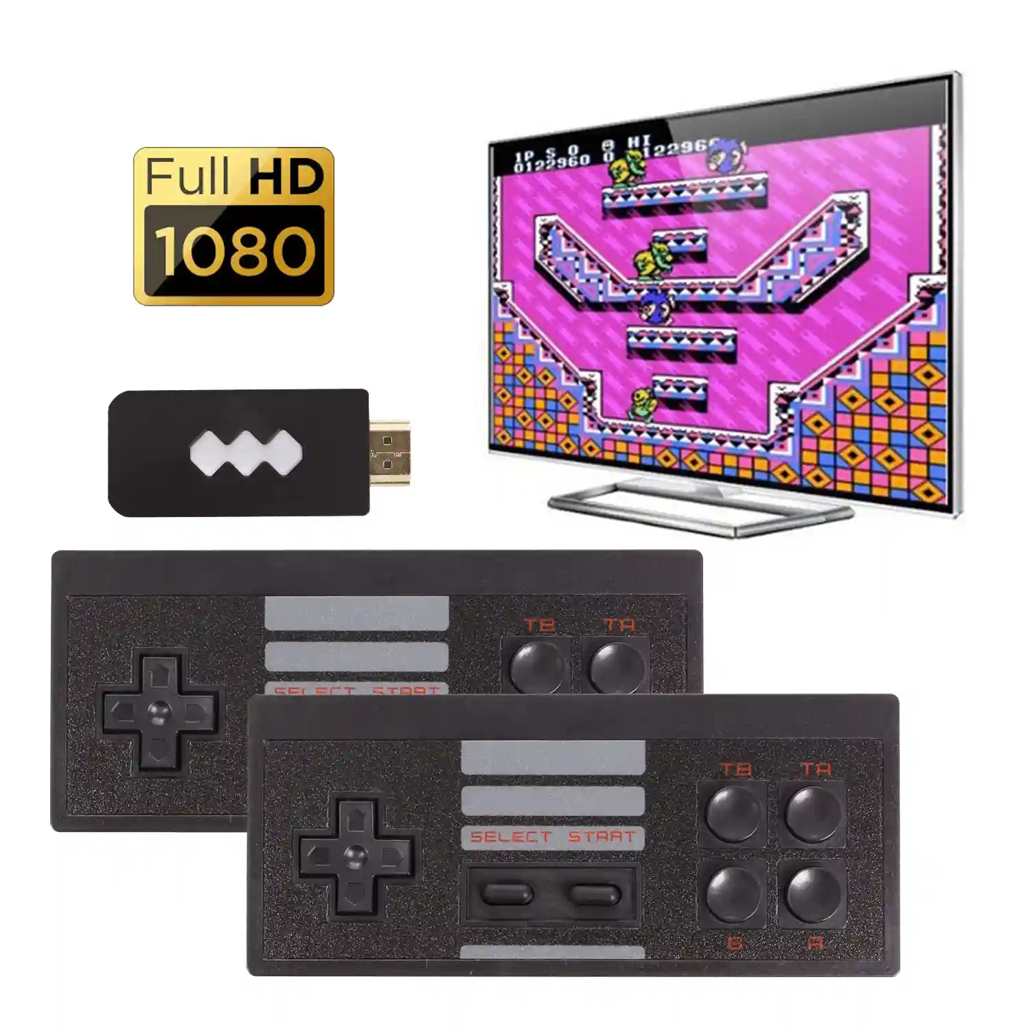 Consola de videojuegos retro Full HD1080P, con 2 mandos inalámbricos.  Incluye 620 juegos clásicos de 8 bits.