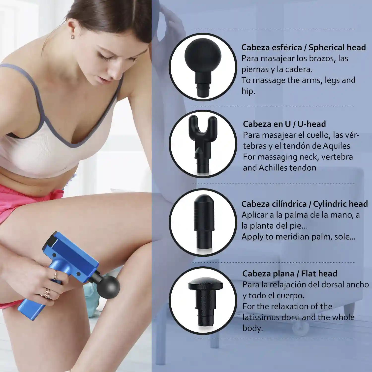 Pistola de masaje muscular Fascia Gun J 27. 4 intensidades con velocidad de 1800 a 4800 rpm. 4 cabezales