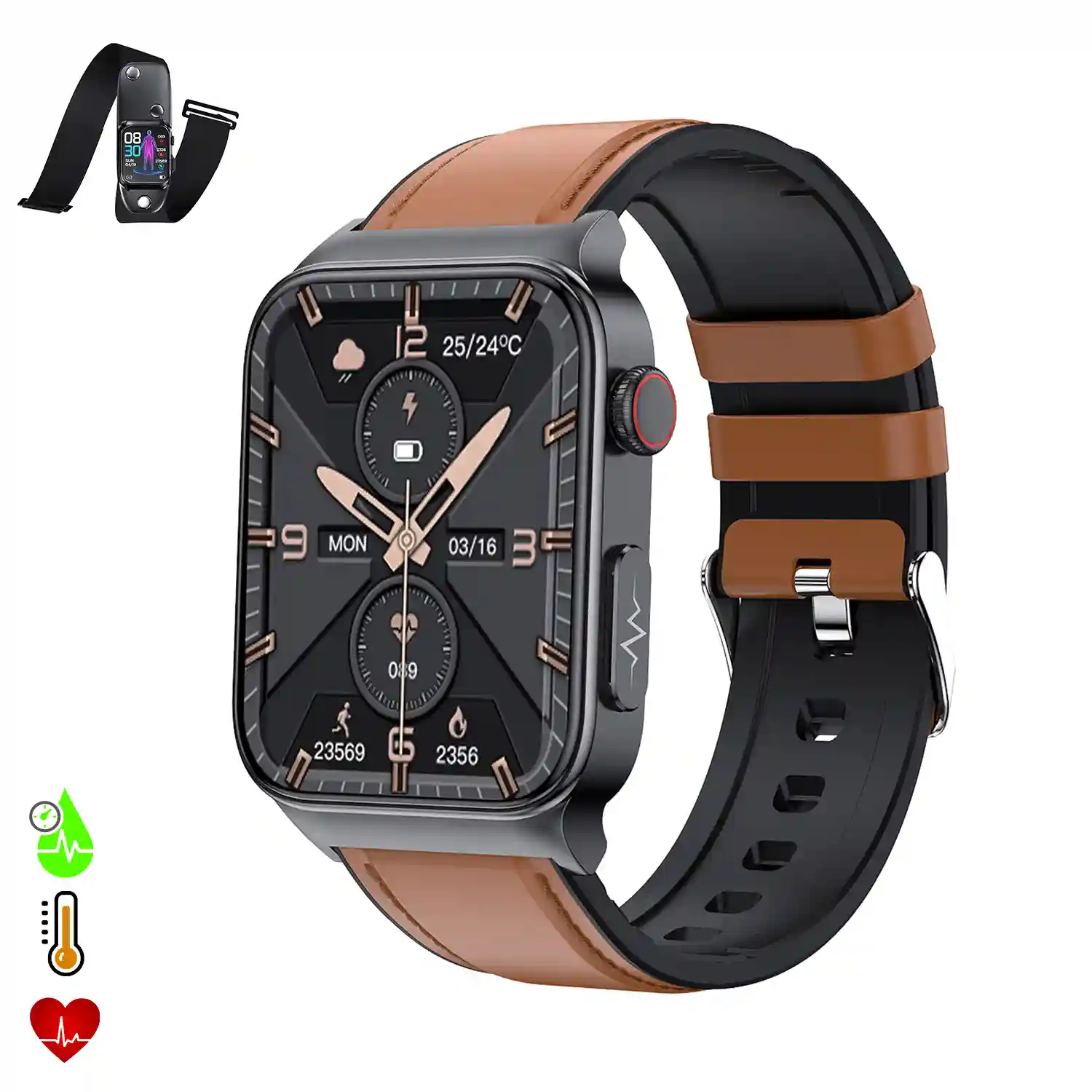 Smartwatch E500 con deteccion de glucosa en sangre monitor de tension y O2. ECG con medicion en pecho. Pantalla de 1 8. Correa de cuero