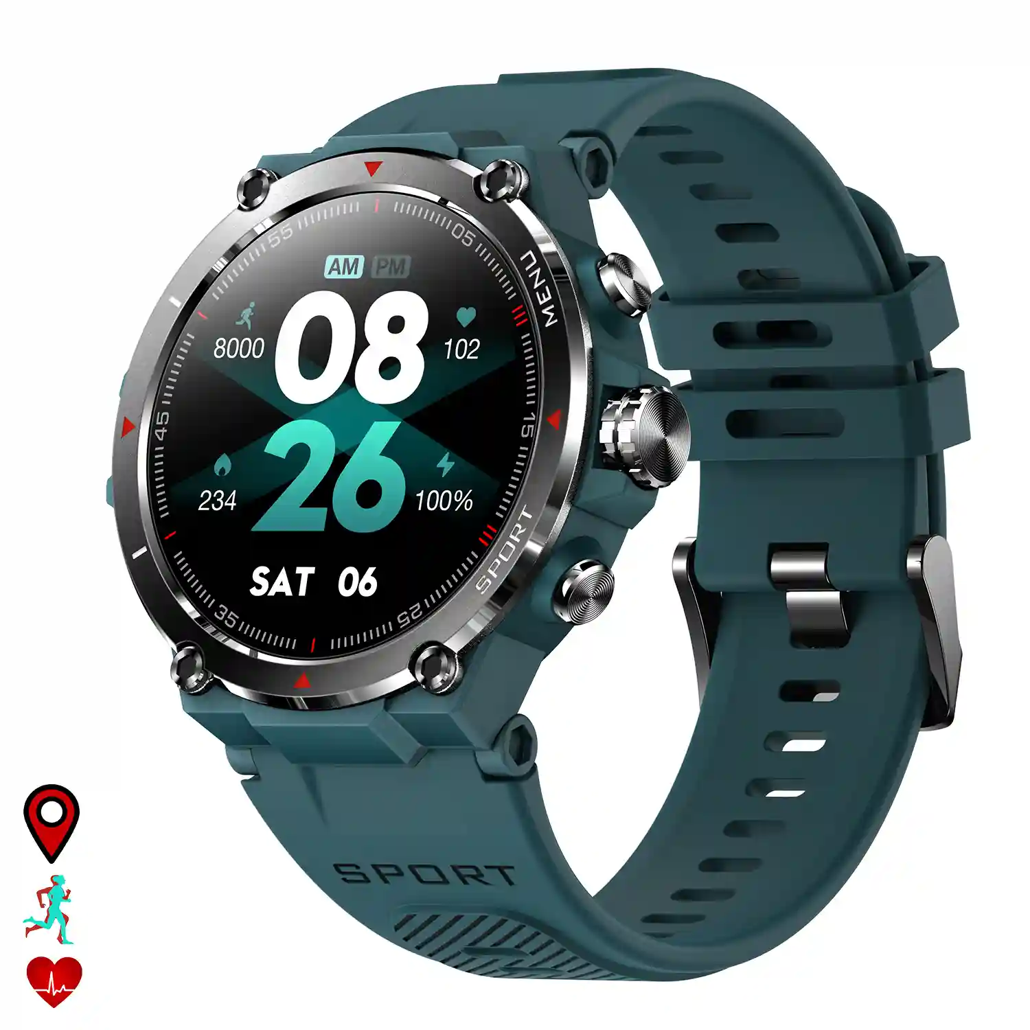 Smartwatch HM03 de grado militar, con GPS de triple posicionamiento.  Monitor cardiaco y de O2. Notificaciones de apps.