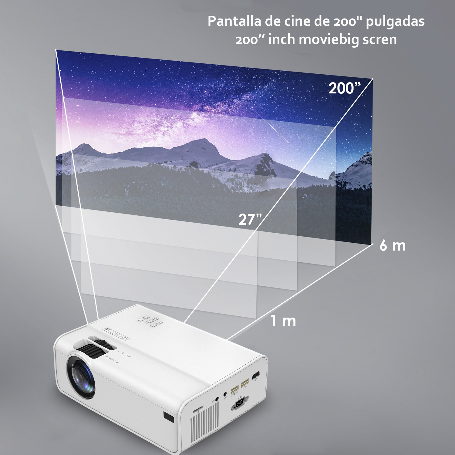 Video proyector LED A13 con Wifi y Android 6.0 incorporado. Full HD1080P, soporta 4K. De 27 a 200 pulgadas, brillo 8000 lm, altavoz incorporado.