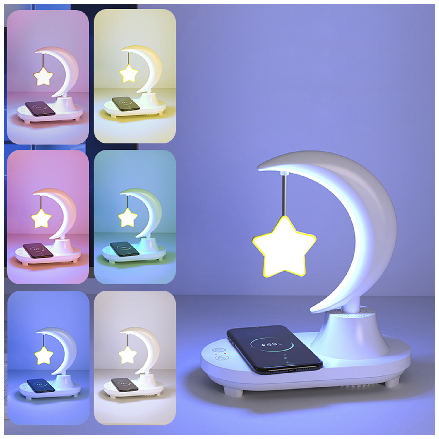 Lámpara LED multicolor forma Estrella, con cargador inalámbrico y altavoz Bluetooth.
