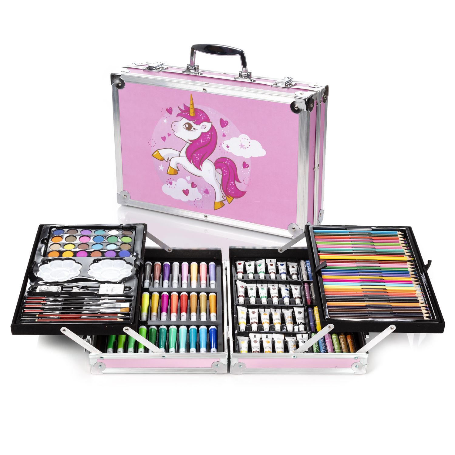 Set completo de pintura y dibujo 145 piezas oleo acuarelas ceras rotuladores pastel y lapices con accesorios. Maletin de aluminio premium desplegable en bandejas