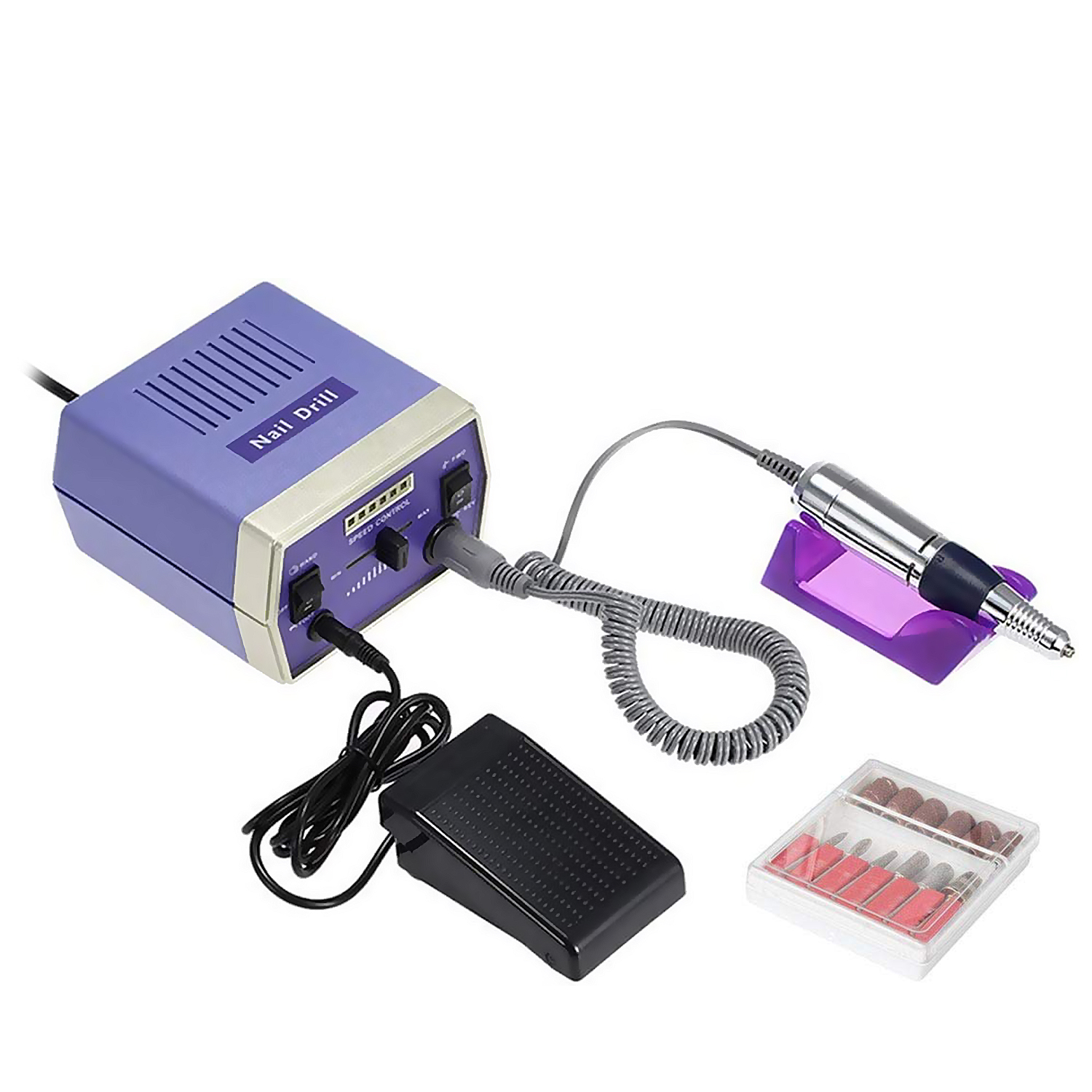 Pulidora de uñas con batería recargable de 2000mAh, hasta 35.000rpm.  Velocidad regulable. Incluye 1 cabezal