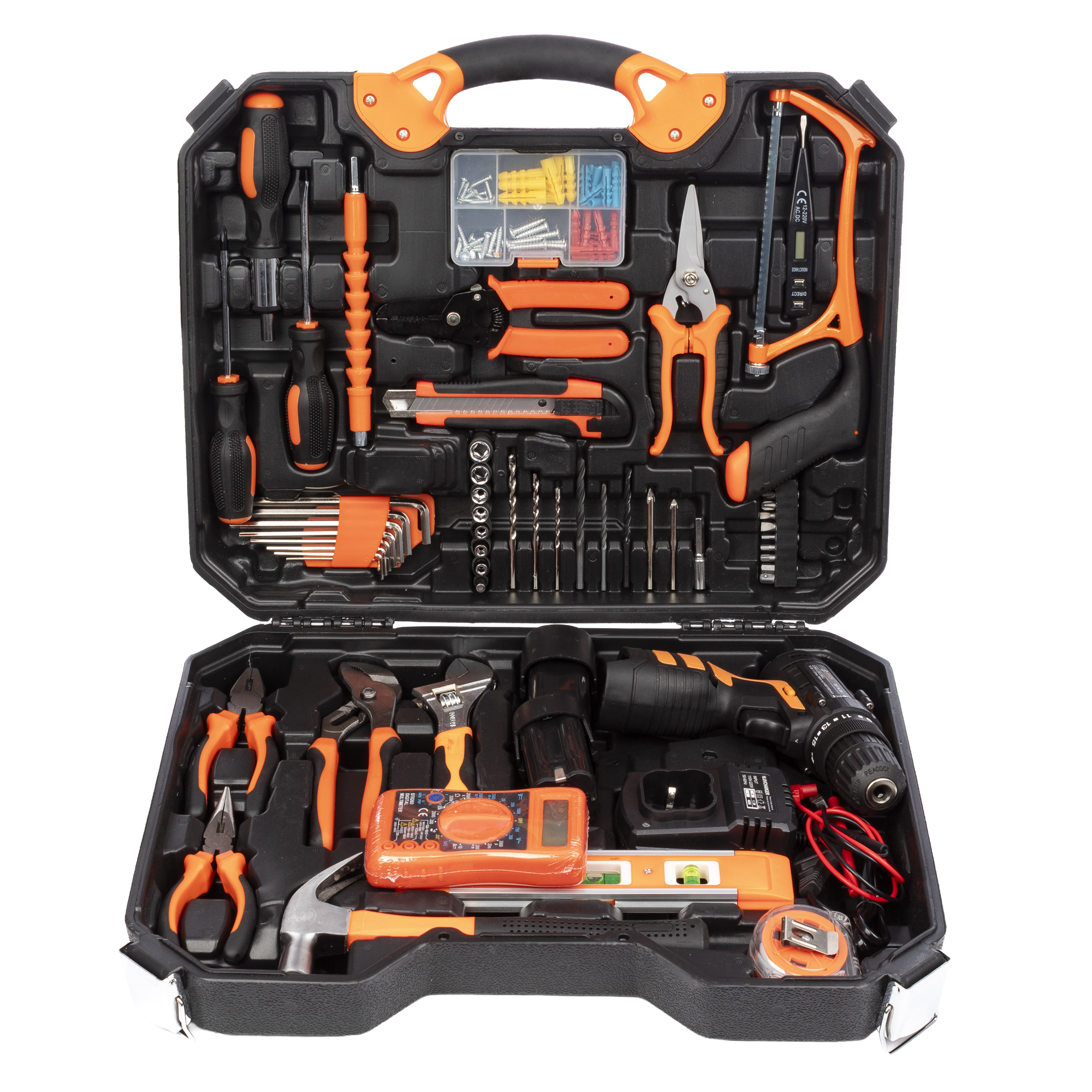 DAM.Juego de herramientas con maletín, taladro eléctrico de doble velocidad, doble batería de 16.8 V 1300mAh y 120 piezas. 47,5x11,5x37,5cm