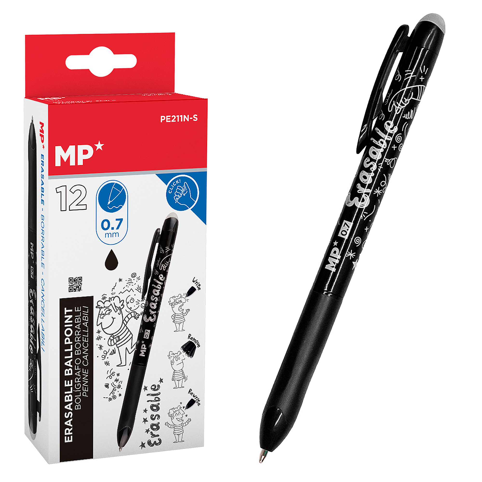 DAM PACK 12 BOLÍGRAFOS BORRABLE PUNTA 0,7 mm 12 Uds. NEGRO 14,57x1,07x1,46 Cm. Color: Negro