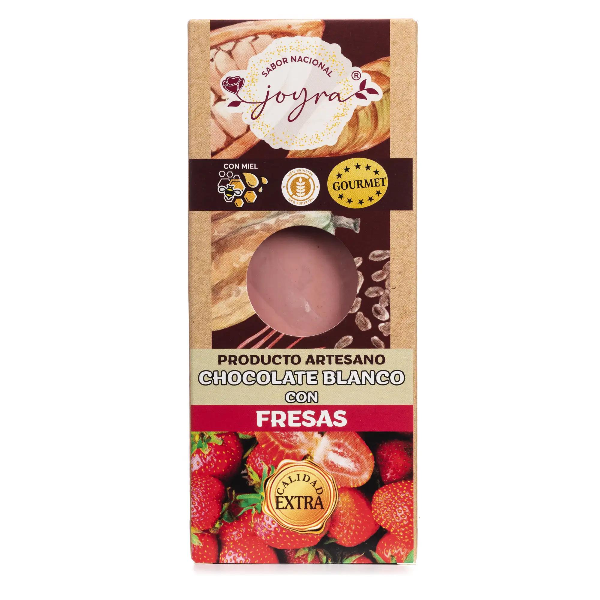 Tableta artesanal de chocolate blanco con fresas, 100gr.
