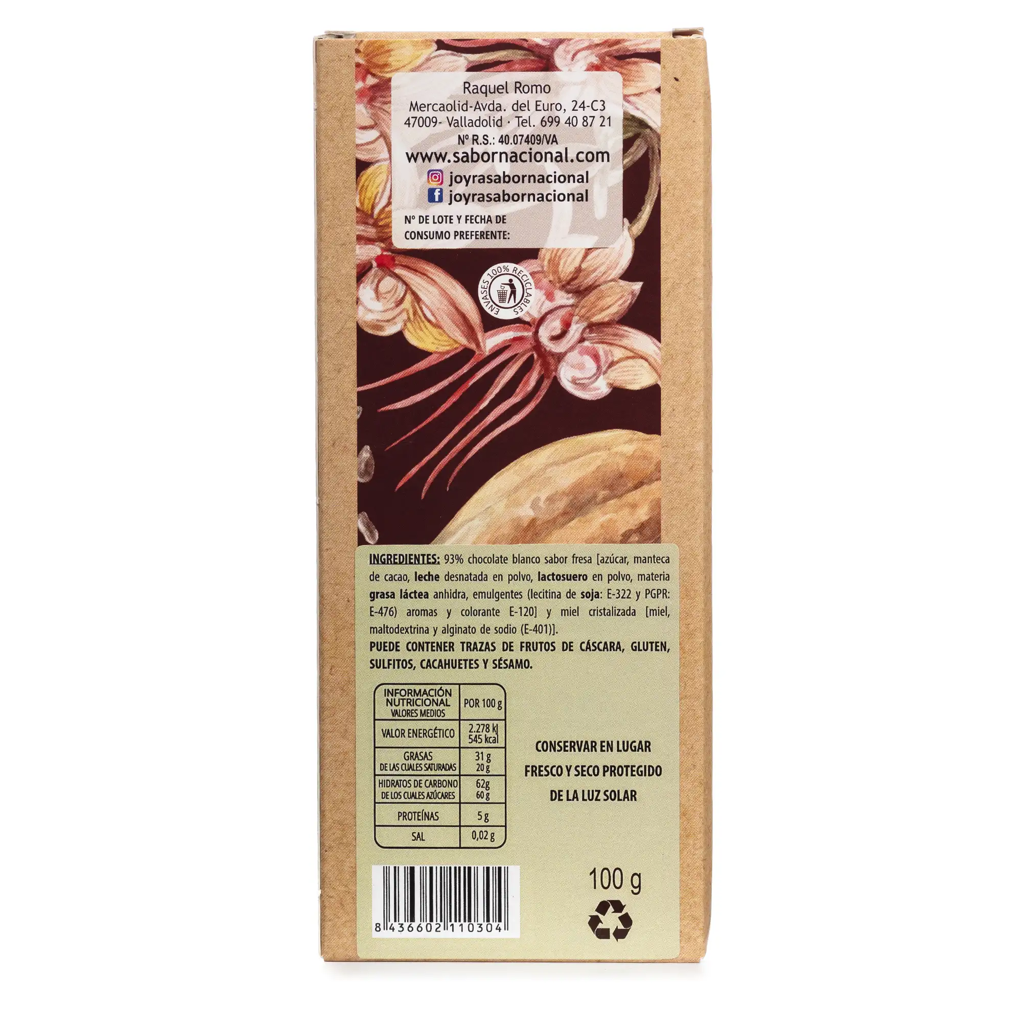 Tableta artesanal de chocolate blanco con fresas, 100gr.