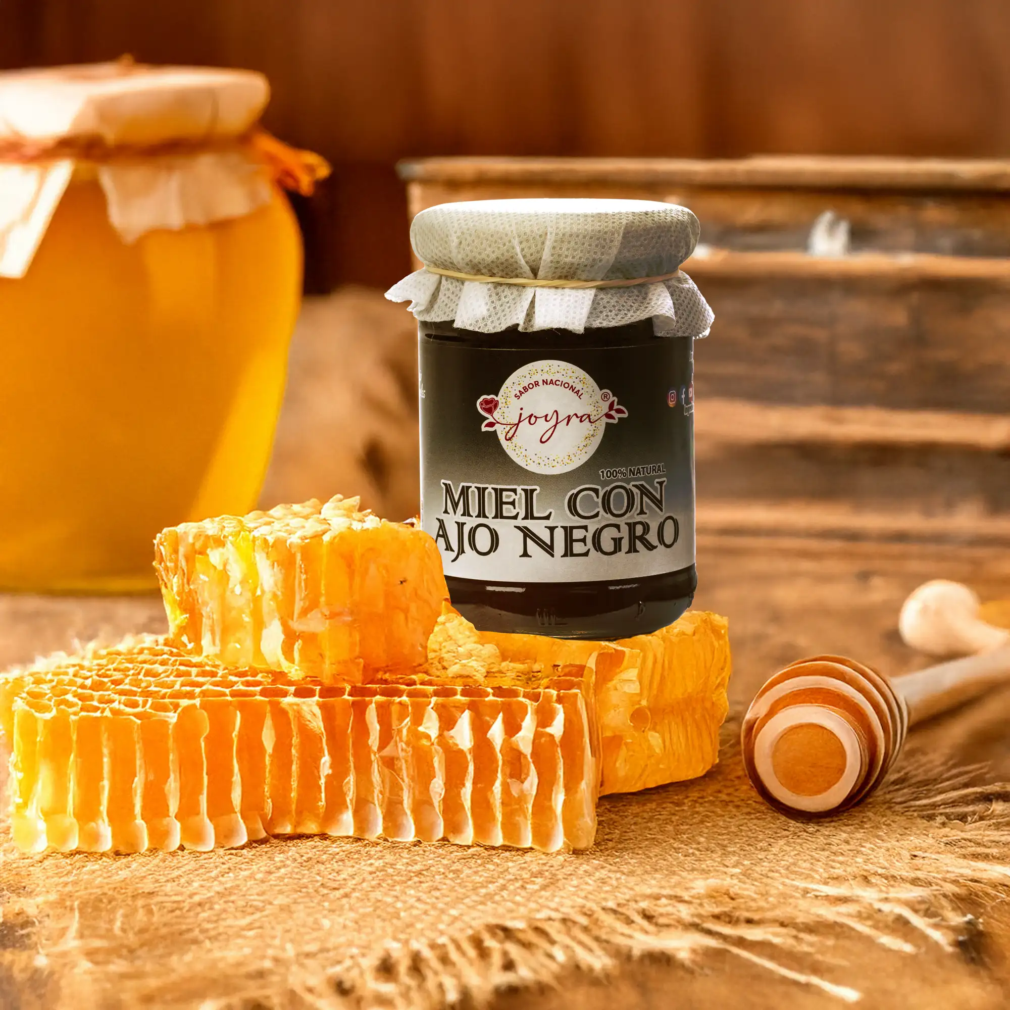 Miel 100% natural, pura, cruda, con ajo negro, 250gr.