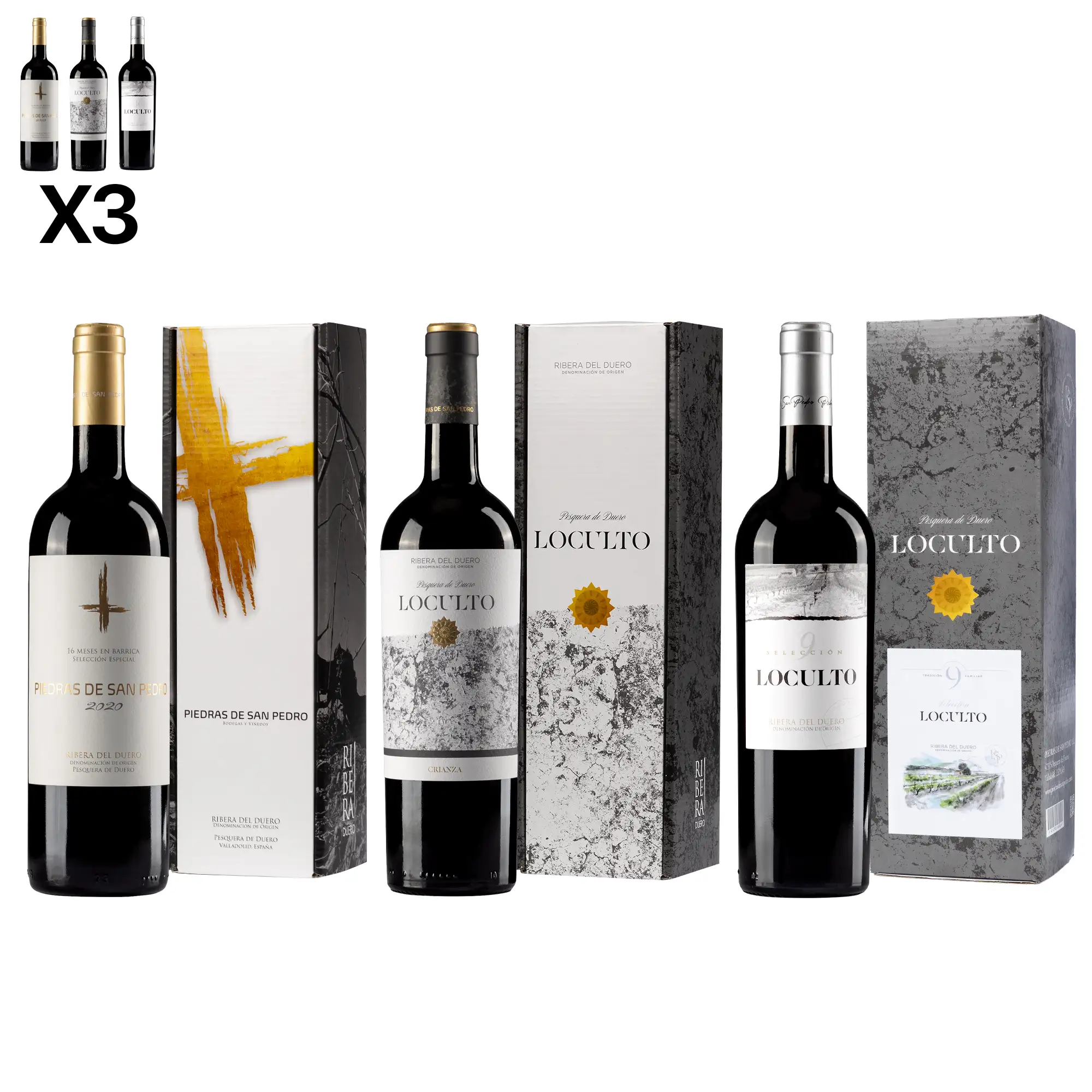Pack 3 botellas de vino RIBERA DEL DUERO. 1x Reserva especial Piedras de San Pedro, 1x Loculto Crianza, 1x Loculto selección 9. Caja de regalo individual Premium.