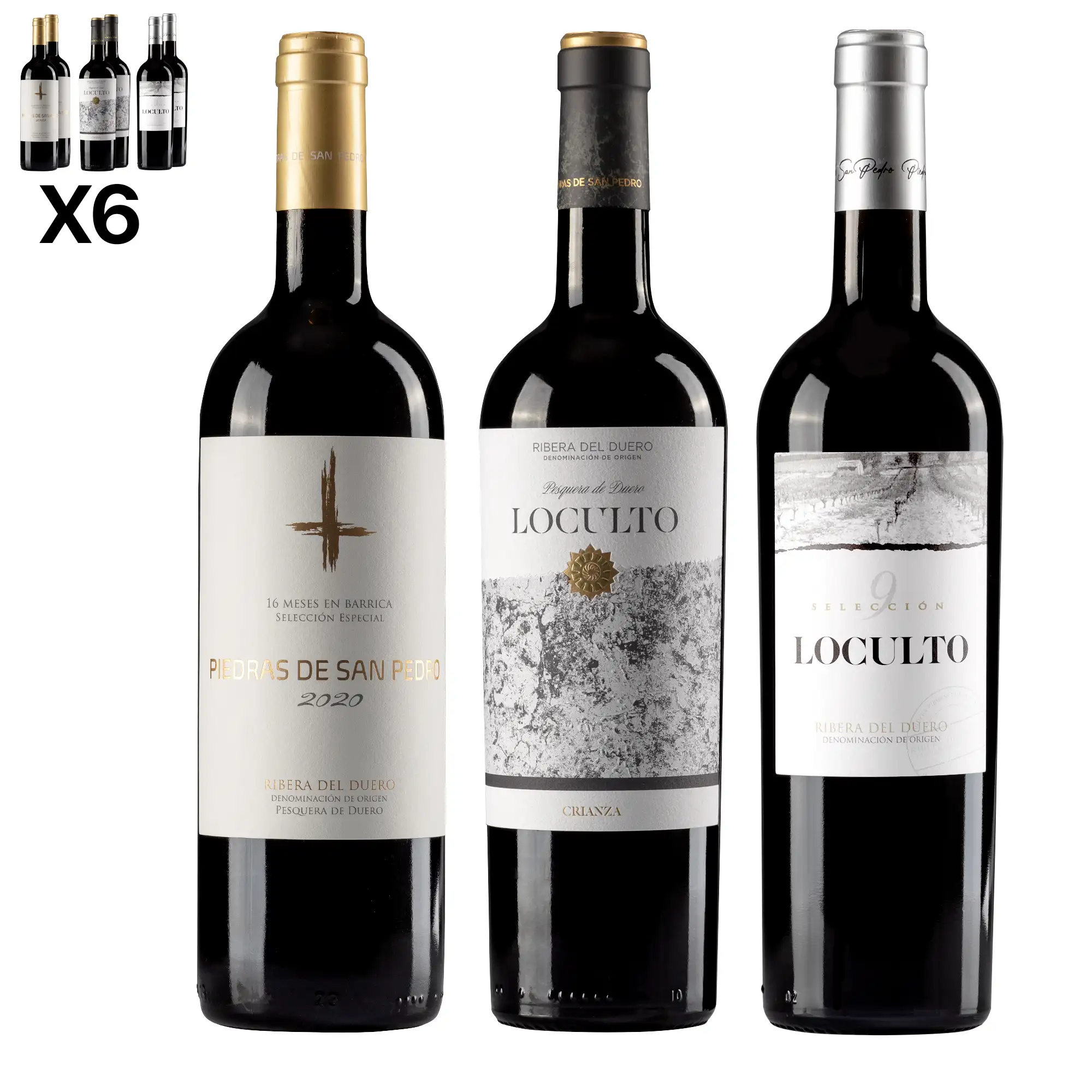 Pack 6 botellas de vino RIBERA DEL DUERO. 2x Reserva especial Piedras de San Pedro, 2x Loculto Crianza, 2x Loculto selección 9.