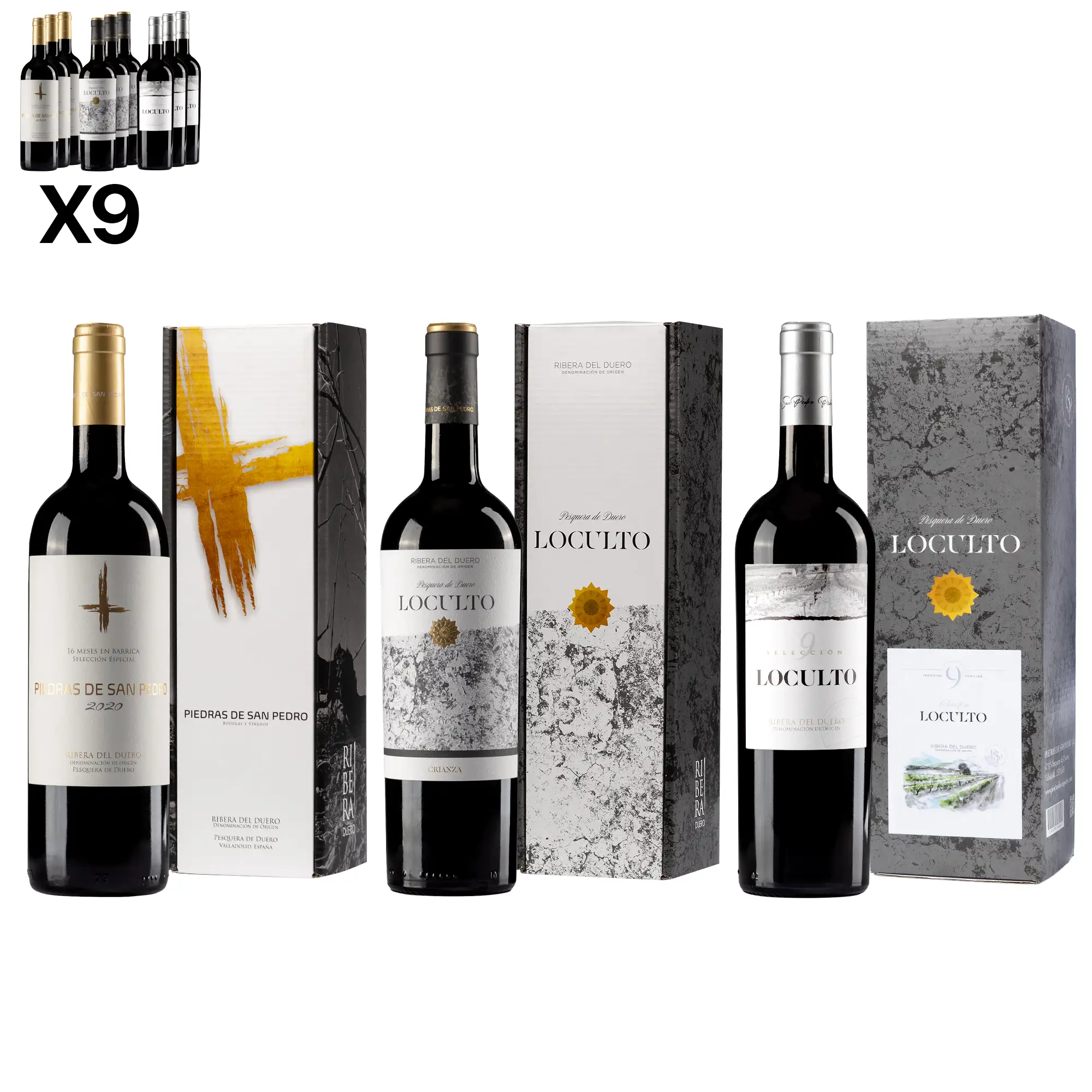 Pack 9 botellas de vino RIBERA DEL DUERO. 3x Reserva especial Piedras de San Pedro, 3x Loculto Crianza, 3x Loculto selección 9. Caja de regalo individual Premium.