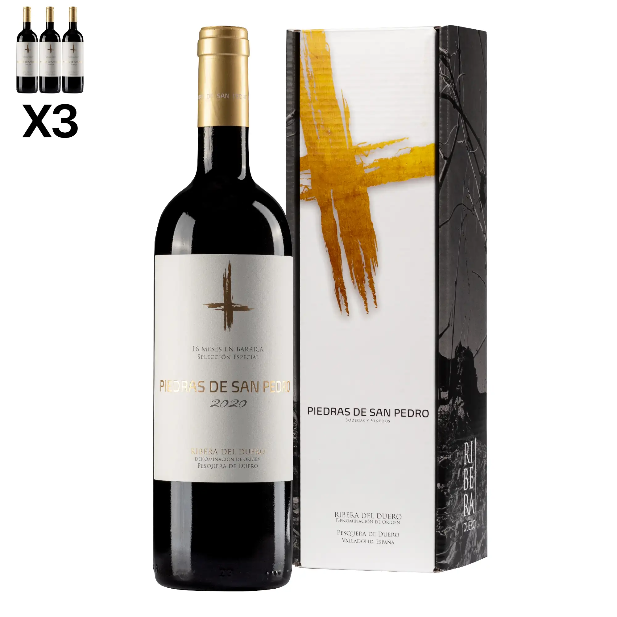 Pack 9 botellas de vino RIBERA DEL DUERO. 3x Reserva especial Piedras de San Pedro, 3x Loculto Crianza, 3x Loculto selección 9. Caja de regalo individual Premium.
