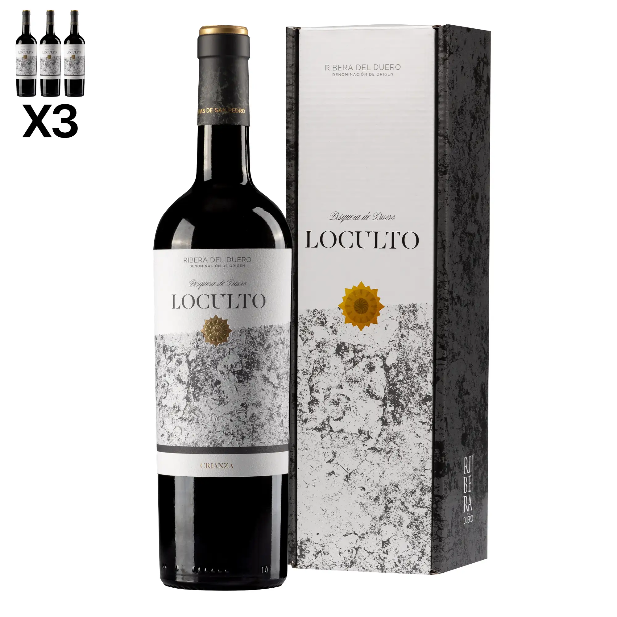 Pack 9 botellas de vino RIBERA DEL DUERO. 3x Reserva especial Piedras de San Pedro, 3x Loculto Crianza, 3x Loculto selección 9. Caja de regalo individual Premium.