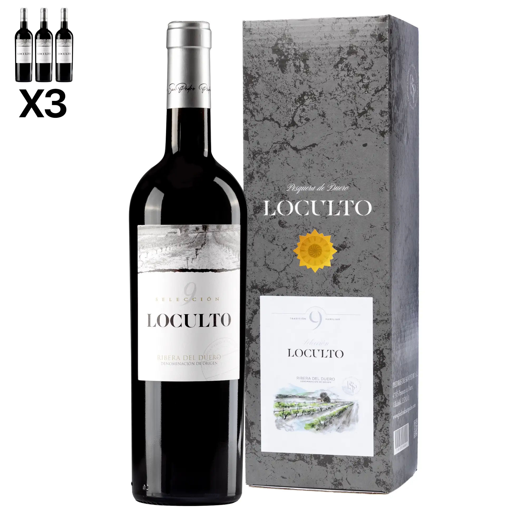 Pack 9 botellas de vino RIBERA DEL DUERO. 3x Reserva especial Piedras de San Pedro, 3x Loculto Crianza, 3x Loculto selección 9. Caja de regalo individual Premium.