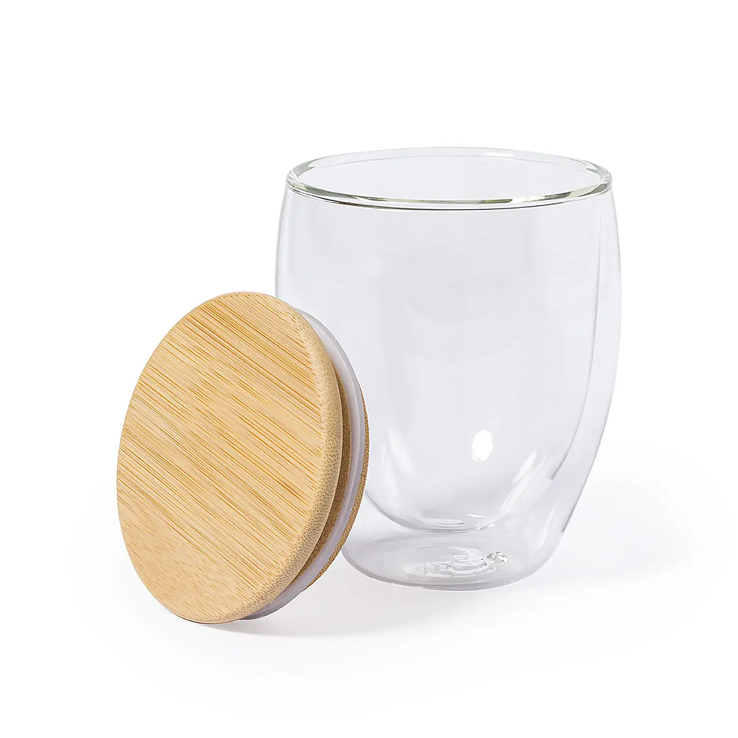  Vaso Térmico borosilicato dobre pared 250 ml.Con tapa bambú