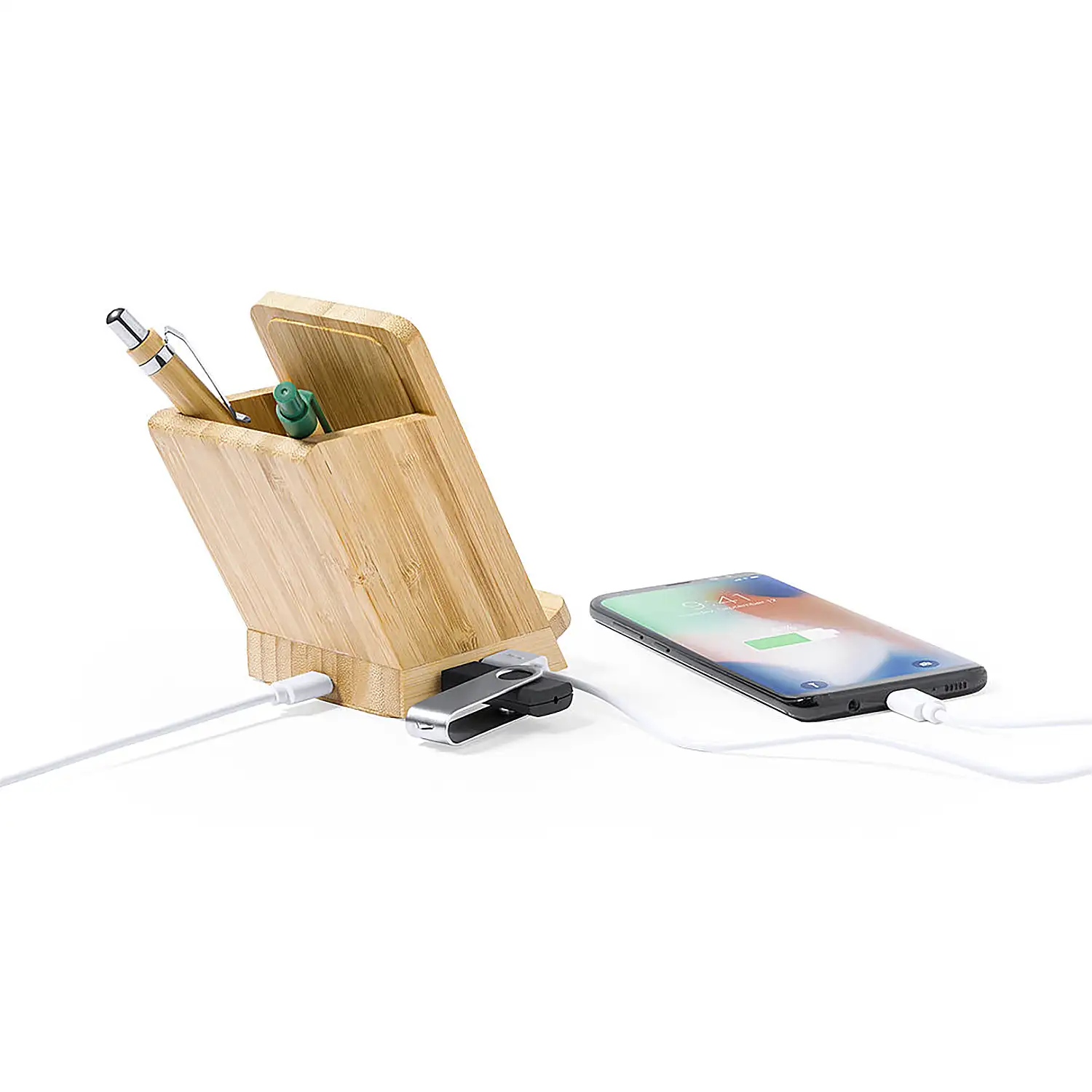 Porta lápices Multifunción cargador Inalámbrico 5W.nature bambú 4 Puertos. USB 2.0