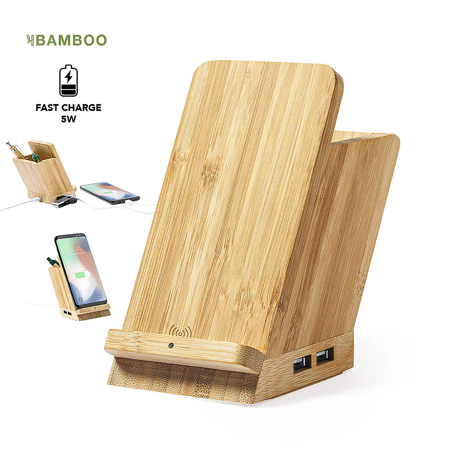 Porta lápices Multifunción cargador Inalámbrico 5W.nature bambú 4 Puertos. USB 2.0