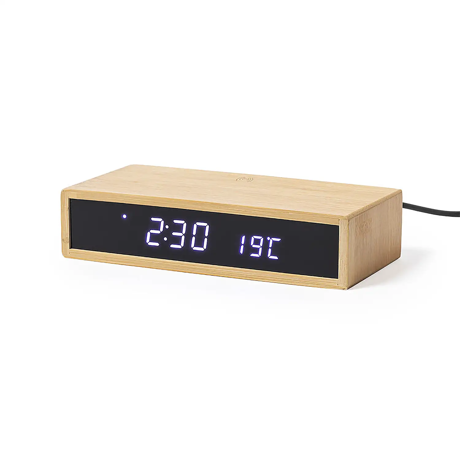 Reloj Multifunción cargador Inalámbrico 5W.Nature bambú. Intensidad de Luz Regulable. Conexión USB