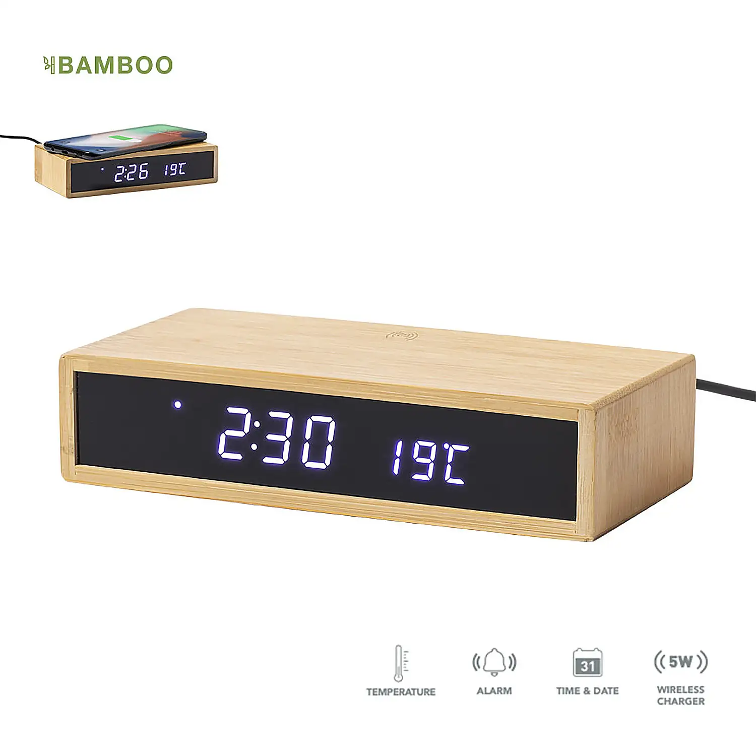 Reloj Multifunción cargador Inalámbrico 5W.Nature bambú. Intensidad de Luz Regulable. Conexión USB