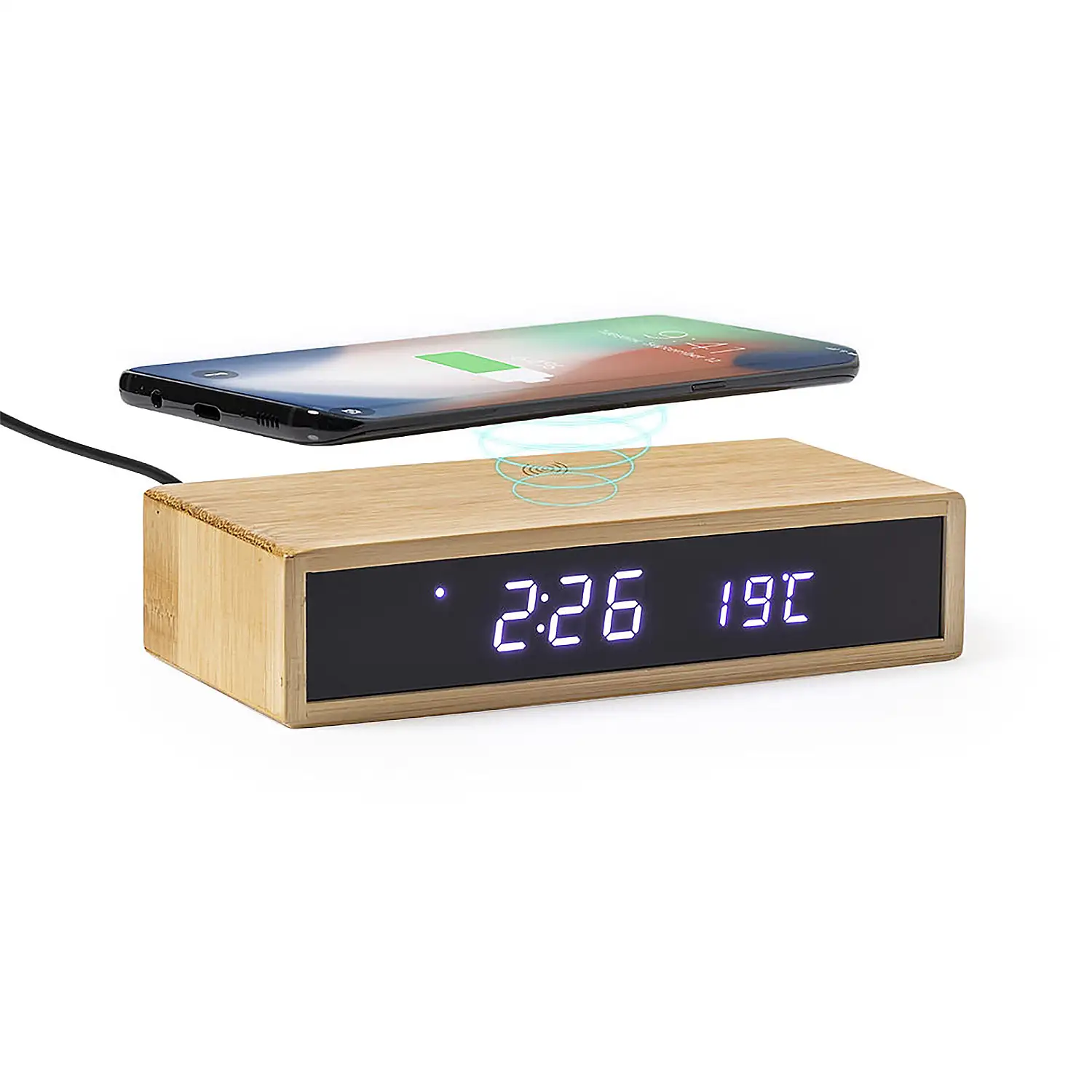 Reloj Multifunción cargador Inalámbrico 5W.Nature bambú. Intensidad de Luz Regulable. Conexión USB