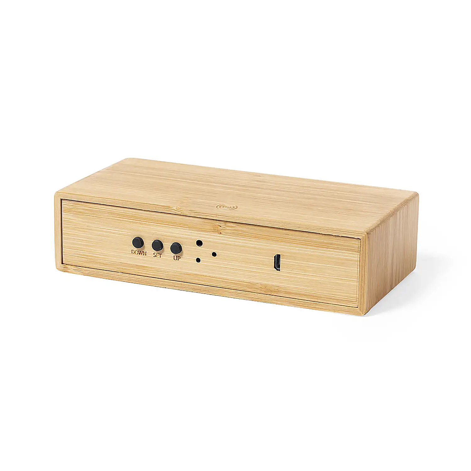 Reloj Multifunción cargador Inalámbrico 5W.Nature bambú. Intensidad de Luz Regulable. Conexión USB