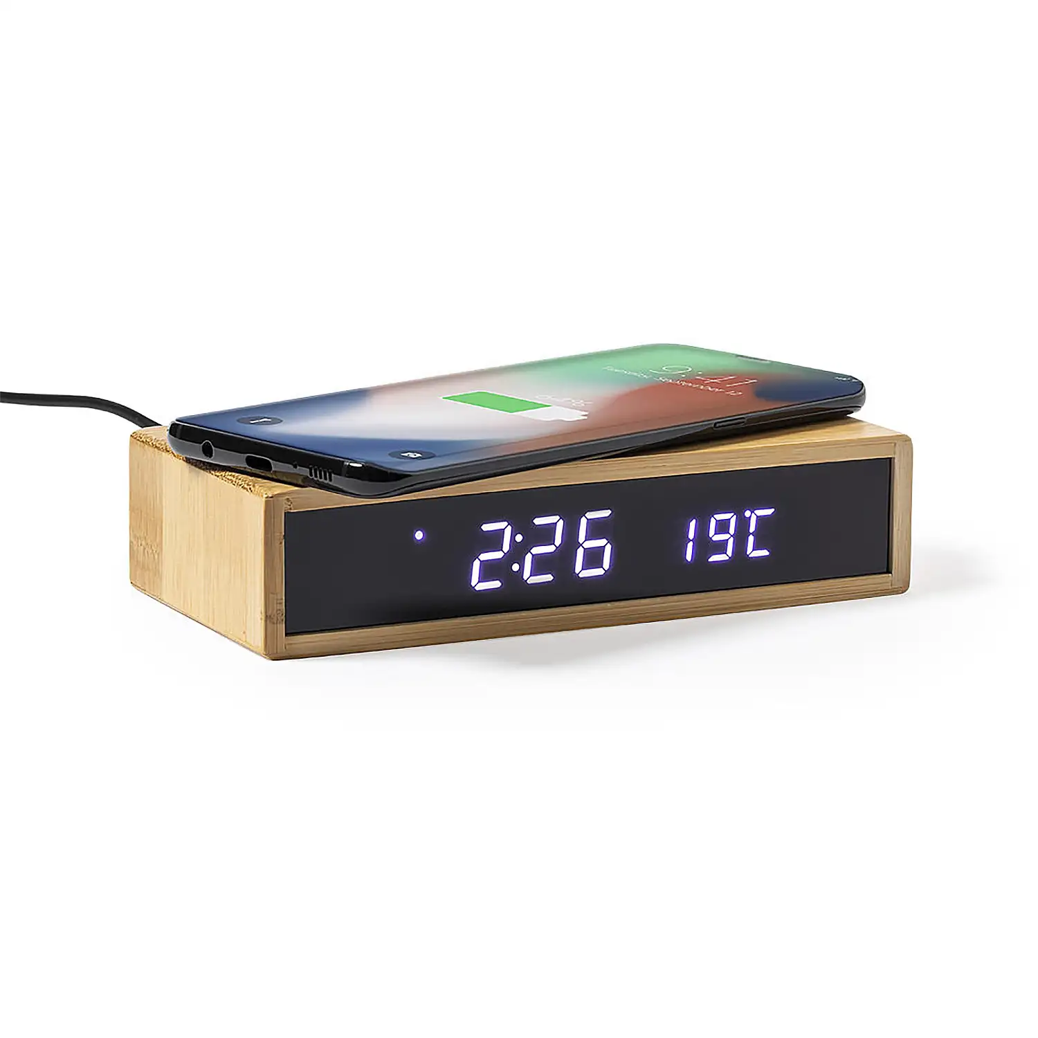 Reloj Multifunción cargador Inalámbrico 5W.Nature bambú. Intensidad de Luz Regulable. Conexión USB