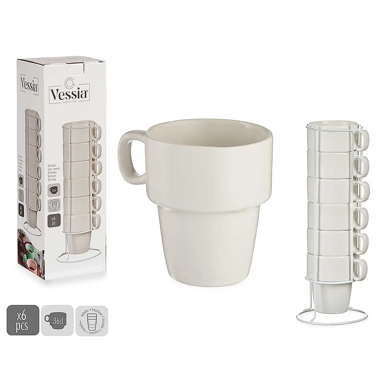 Set de 6 tazas apilables de porcelana 36 cl.