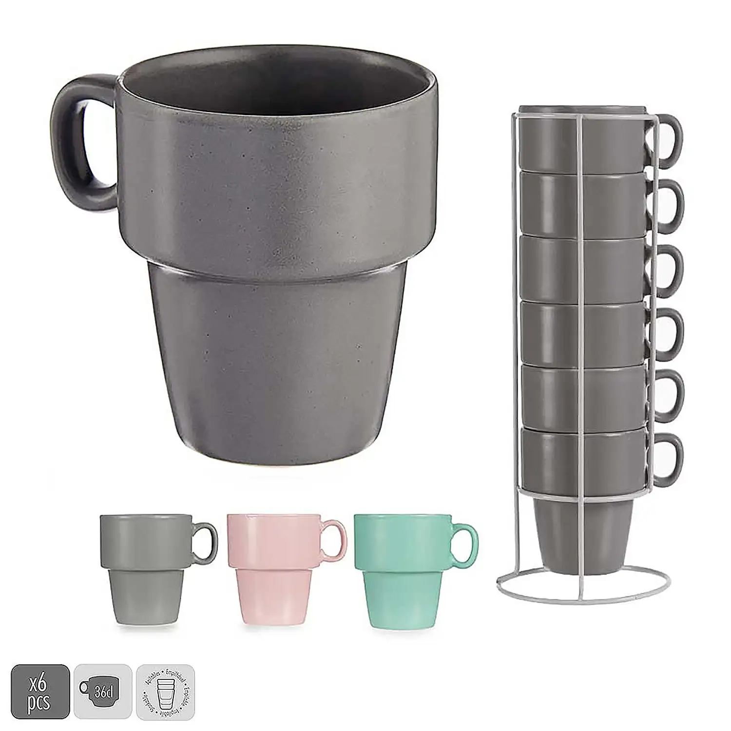 Set de 6 tazas apilables de porcelana 36 cl.