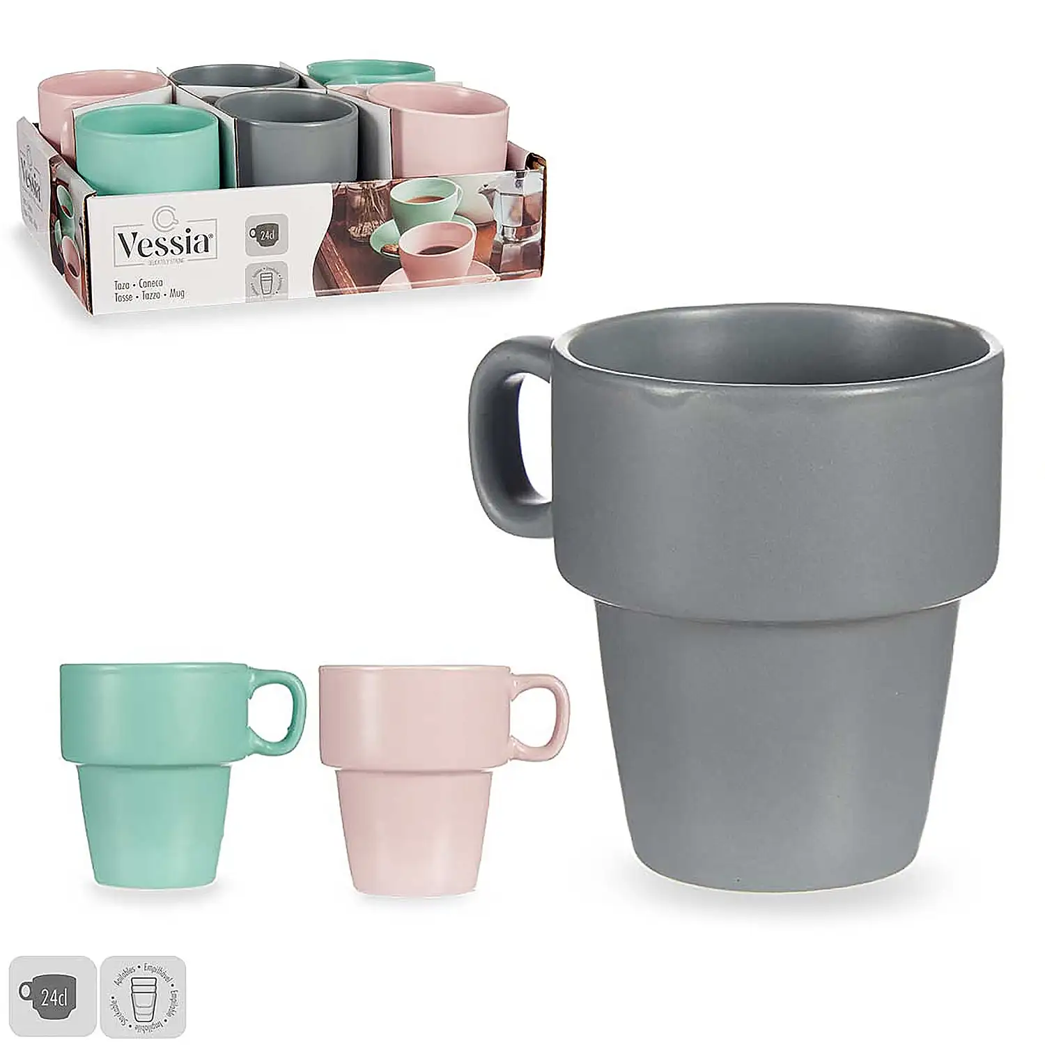 Set de 6 tazas apilables de porcelana 24 cl.