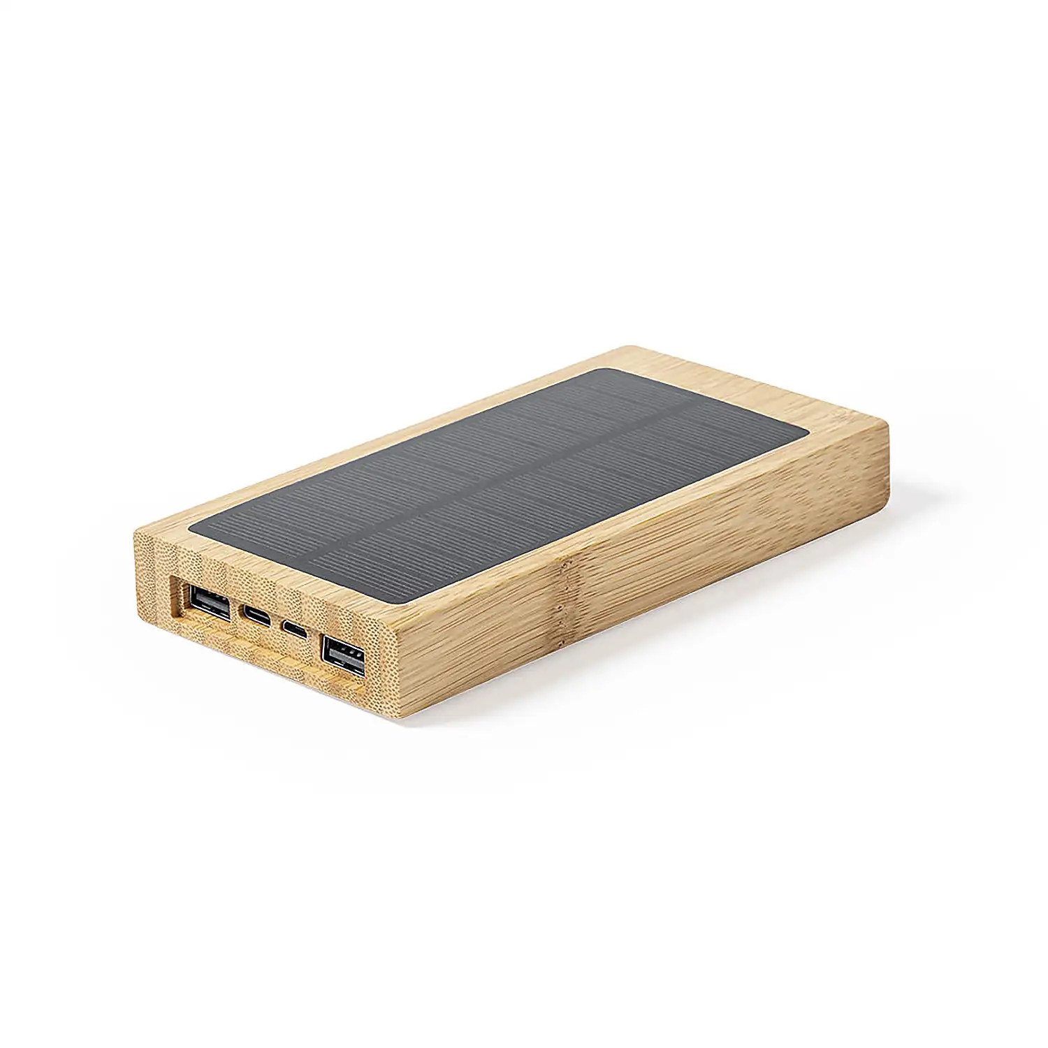Power Bank nature bambú Qi 5W. 10000 mAh. Carga Solar. 2 Salidas USB y 1 Tipo C. Entrada Micro USB y Tipo C