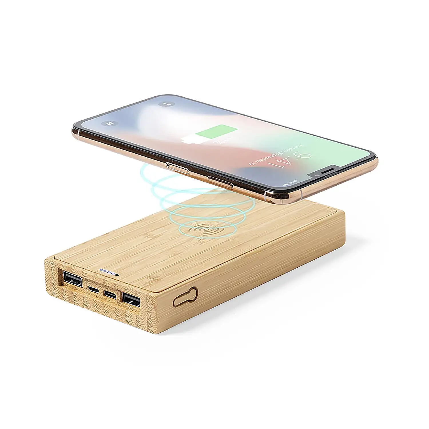 Power Bank nature bambú Qi 5W. 10000 mAh. Carga Solar. 2 Salidas USB y 1 Tipo C. Entrada Micro USB y Tipo C