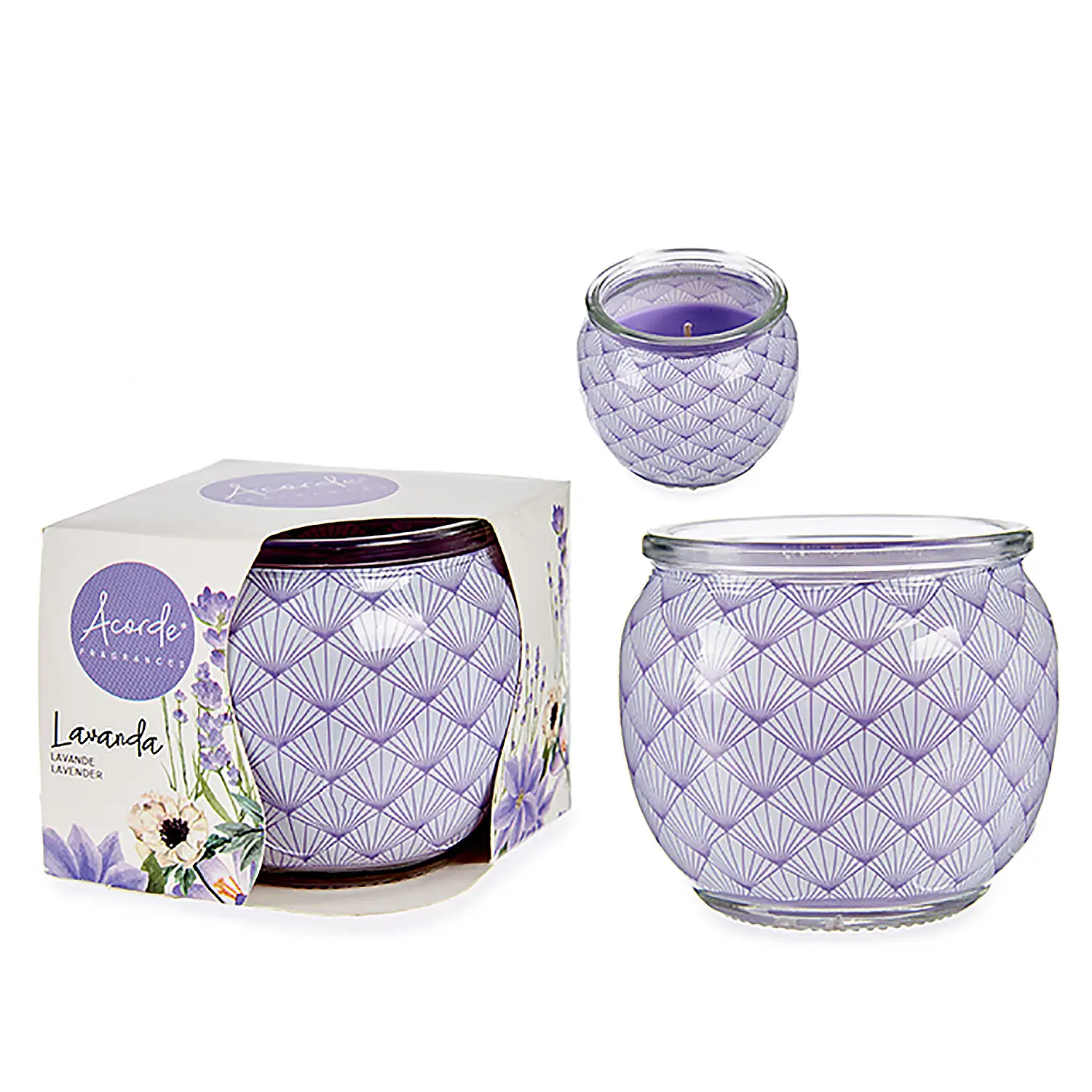 Vela perfumada en tarro de cristal olor a lavanda.