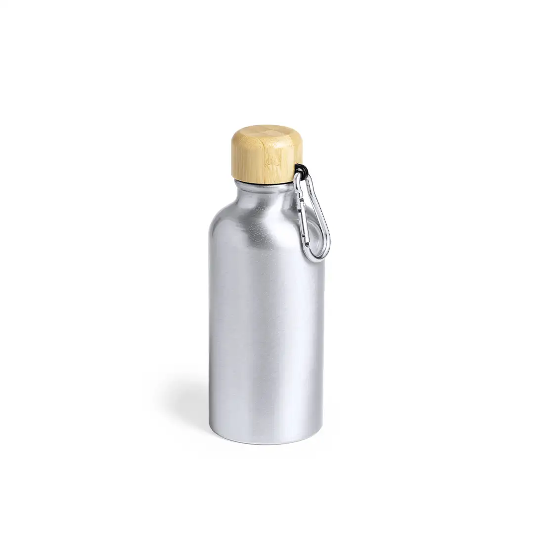  Bidón aluminio 400 ml con tapón bambú y mosquetón