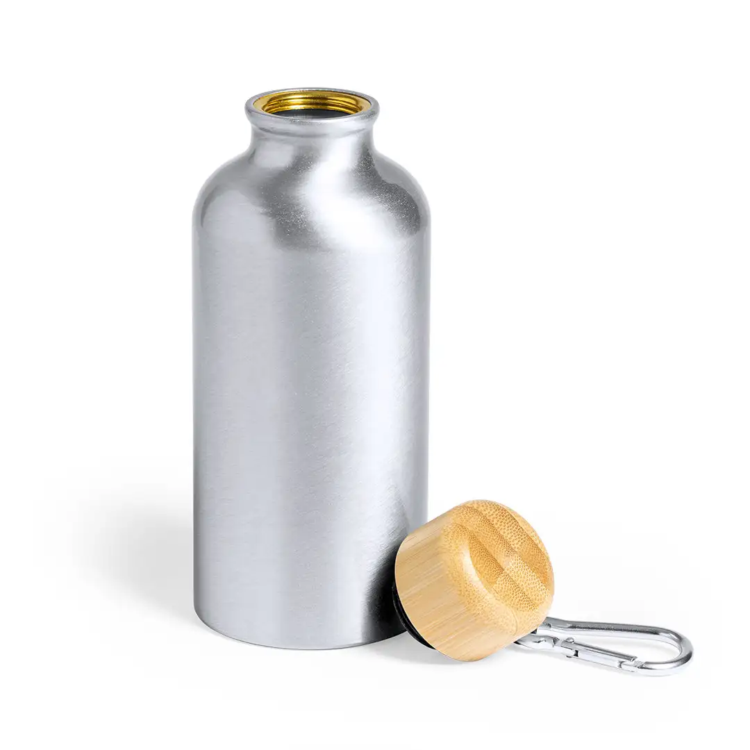  Bidón aluminio 400 ml con tapón bambú y mosquetón