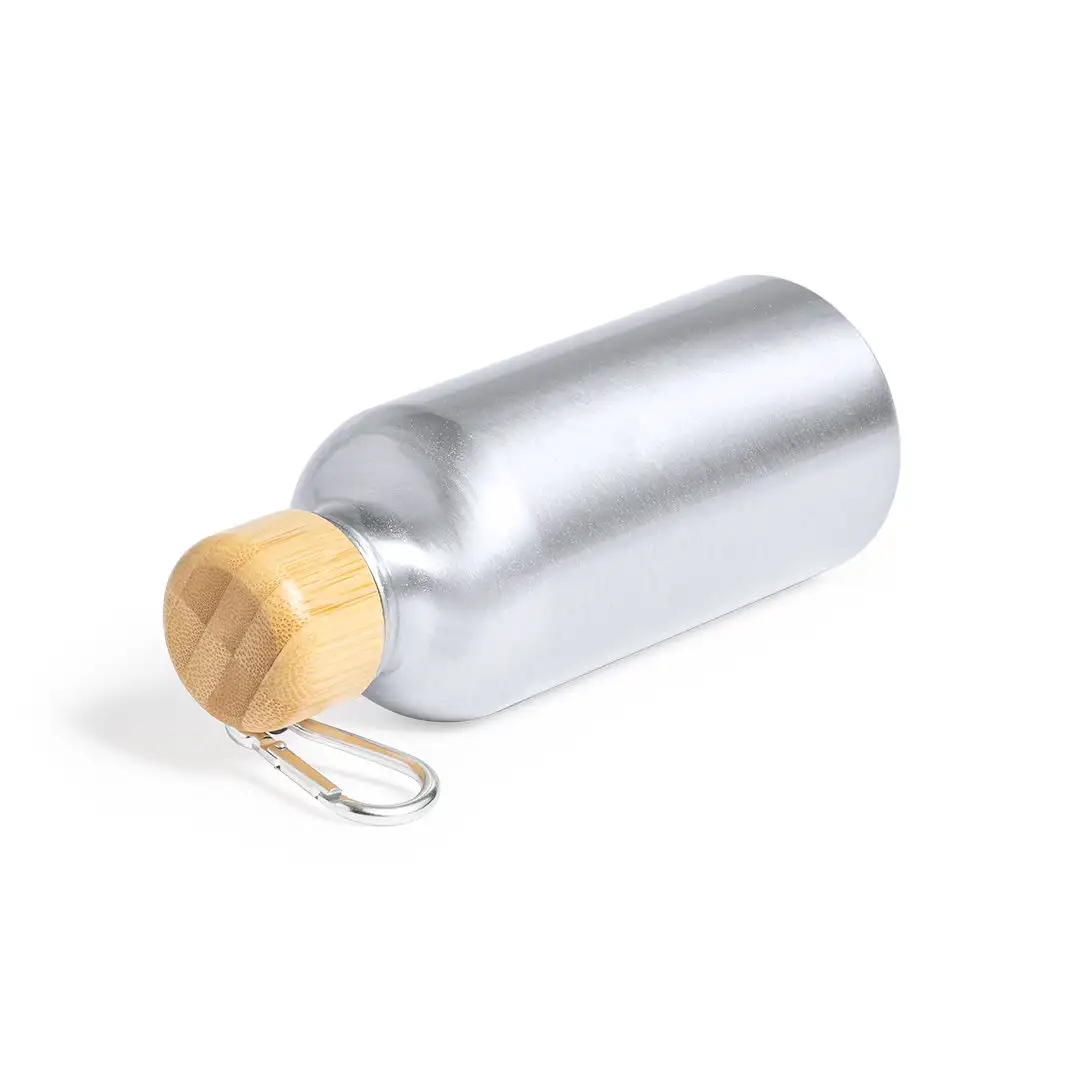  Bidón aluminio 400 ml con tapón bambú y mosquetón