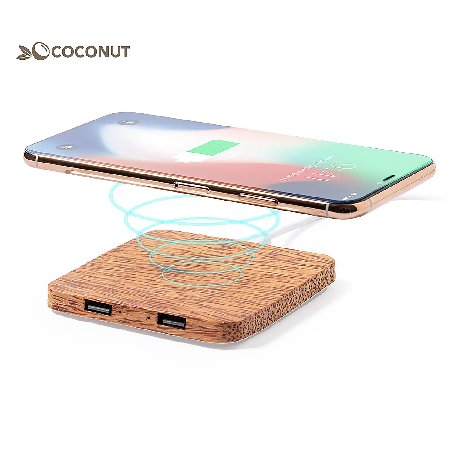 Cargador Inalámbrico nature de coco 10W. 2 Salidas USB