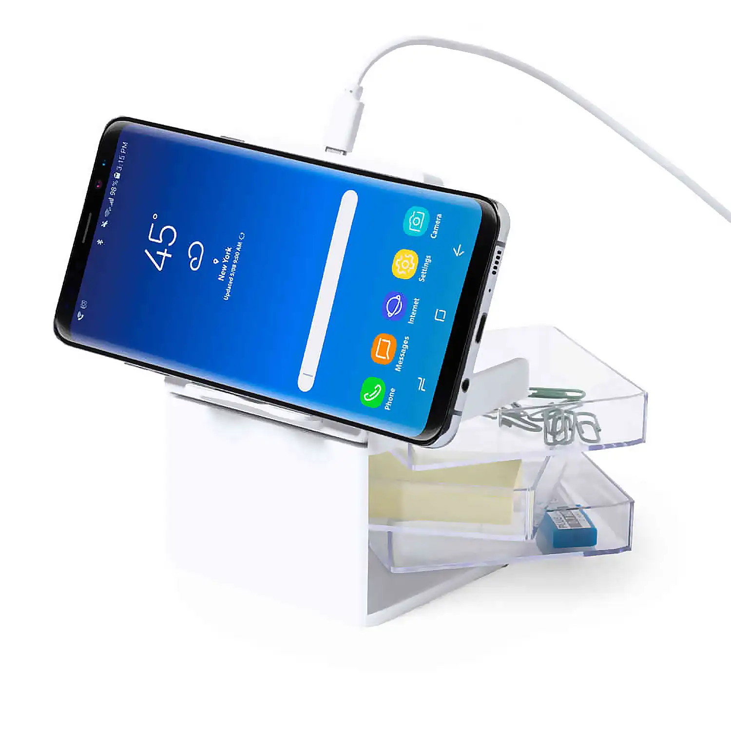 Cargador inlámbrico Macky 10W, con organizador, 3 cajones. Soporte para smartphone inclinable.