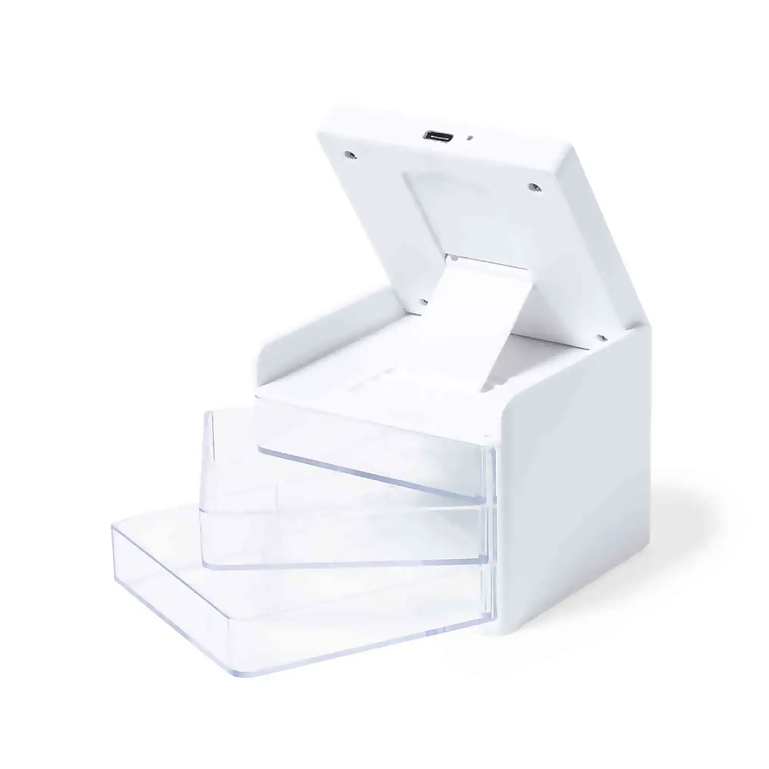 Cargador inlámbrico Macky 10W, con organizador, 3 cajones. Soporte para smartphone inclinable.