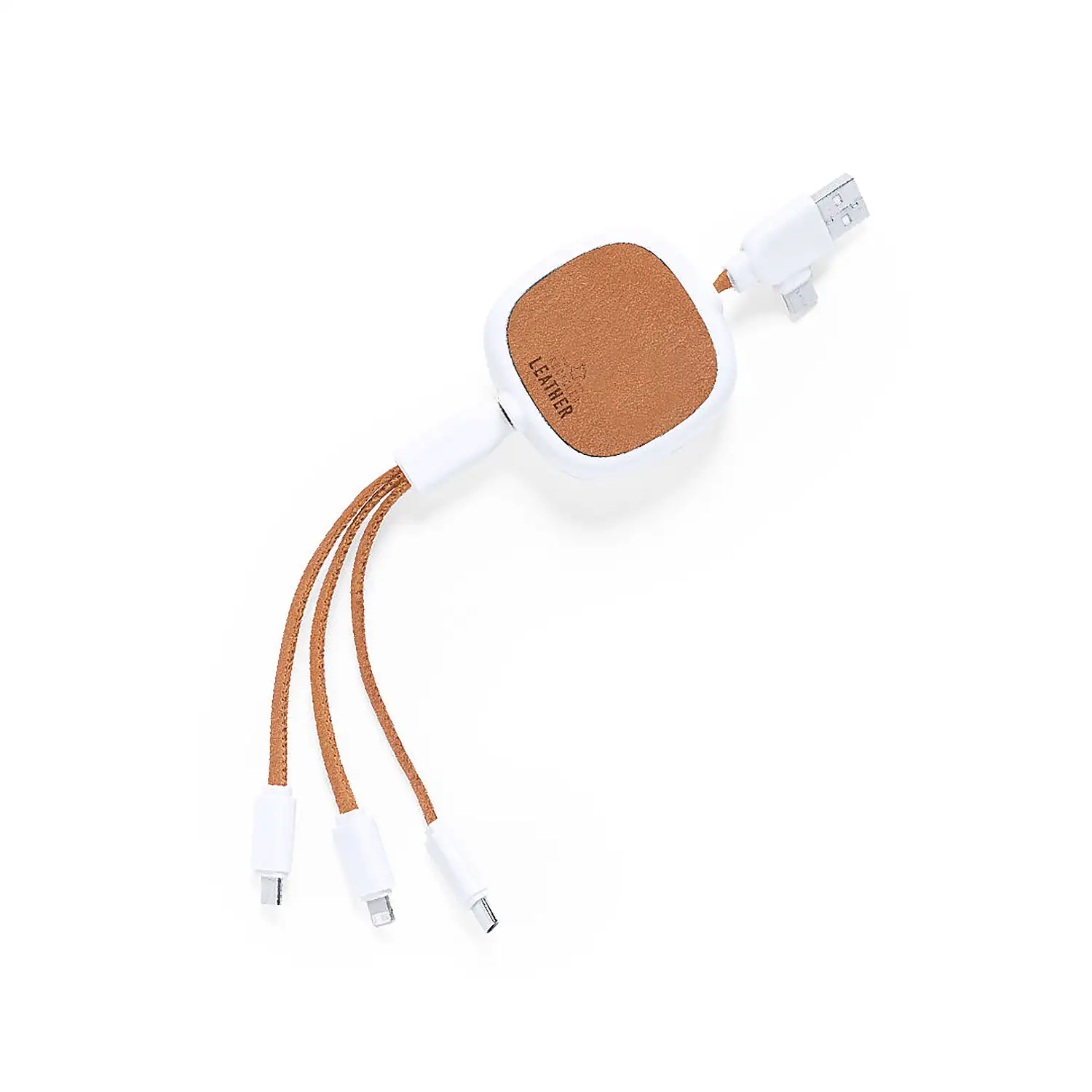 Cable Cargador RABS y cuero .Cable Extensible. Conexión Micro USB, Tipo C y Lightning 5V DC 2.4A