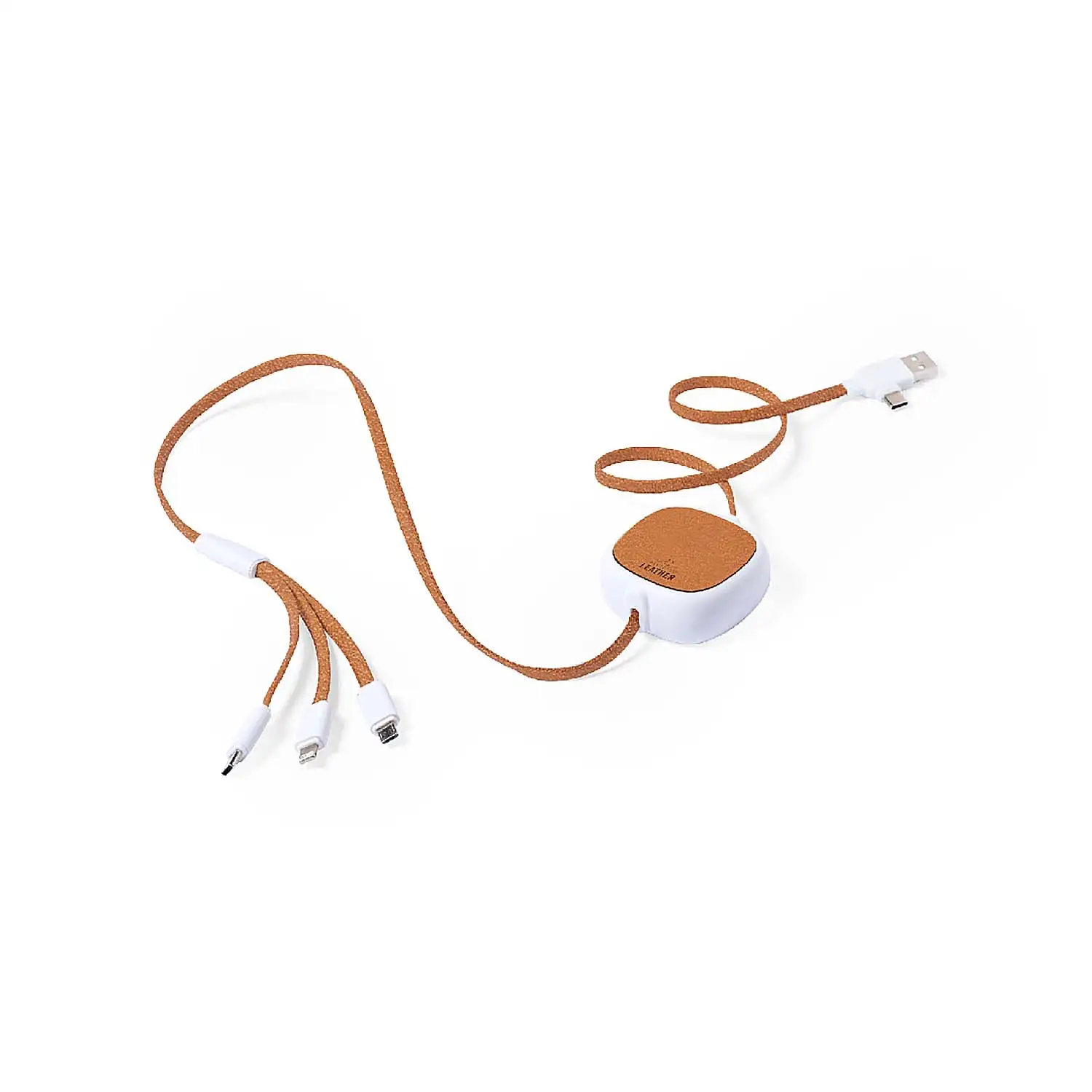 Cable Cargador RABS y cuero .Cable Extensible. Conexión Micro USB, Tipo C y Lightning 5V DC 2.4A