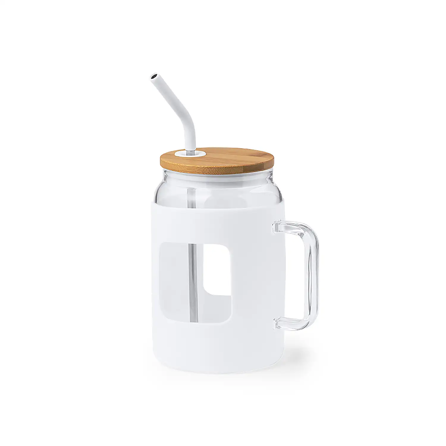  Tarro/Jarra cristal 1,6 L. Funda Silicona.Tapa bambú y pajita acero