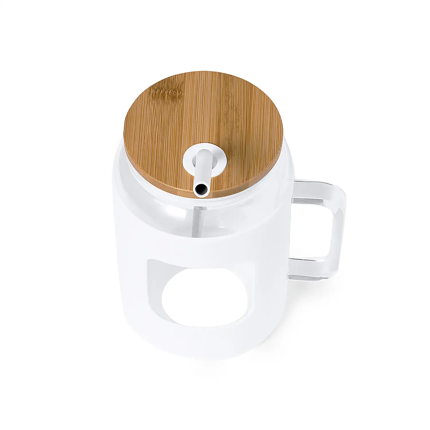  Tarro/Jarra cristal 1,6 L. Funda Silicona.Tapa bambú y pajita acero