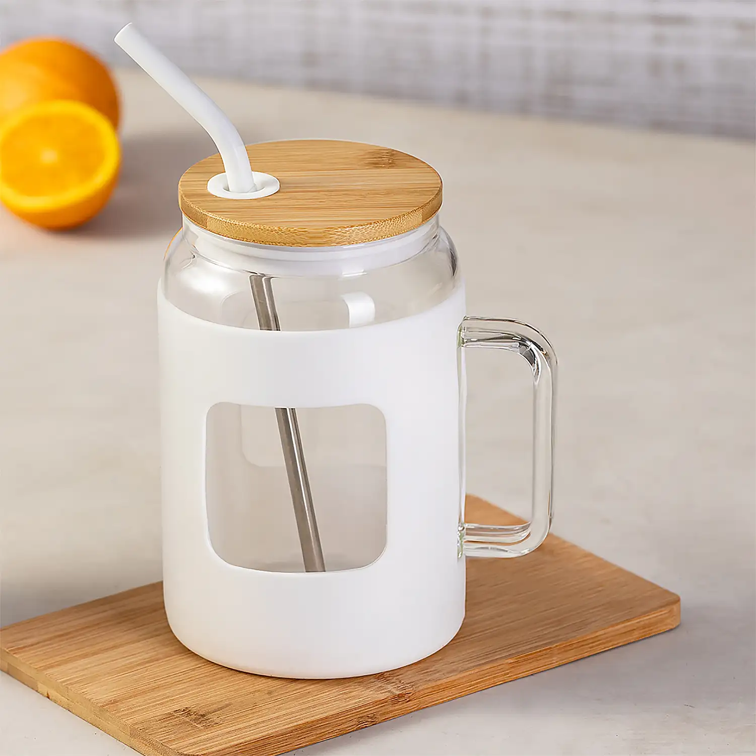  Tarro/Jarra cristal 1,6 L. Funda Silicona.Tapa bambú y pajita acero