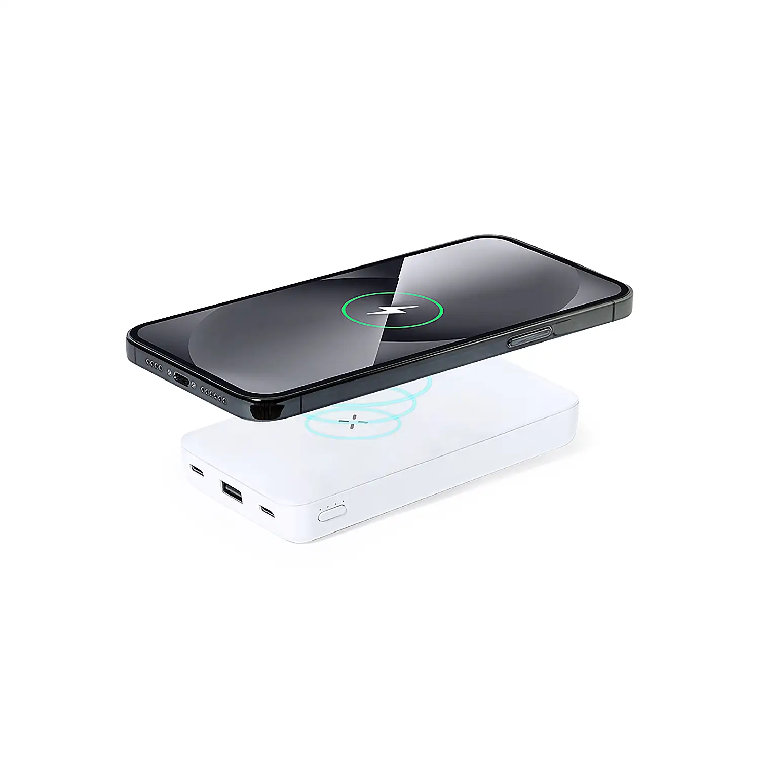 Power Bank Inalámbrico 15W. 5000 mAh. 1 Salida USB y 2 Tipo C. 2 Entradas Tipo C