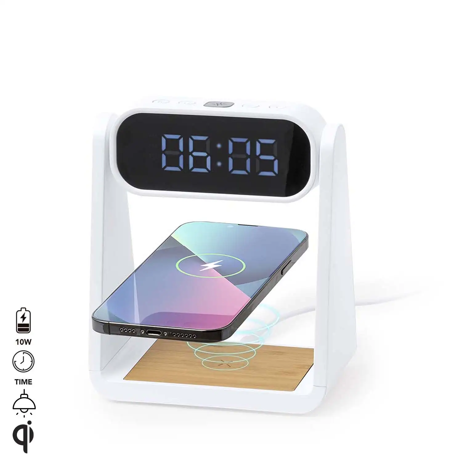 Reloj multifunción Darret con pantalla retroiluminada, función lámpara y cargador inalámbrico 10W integrado.