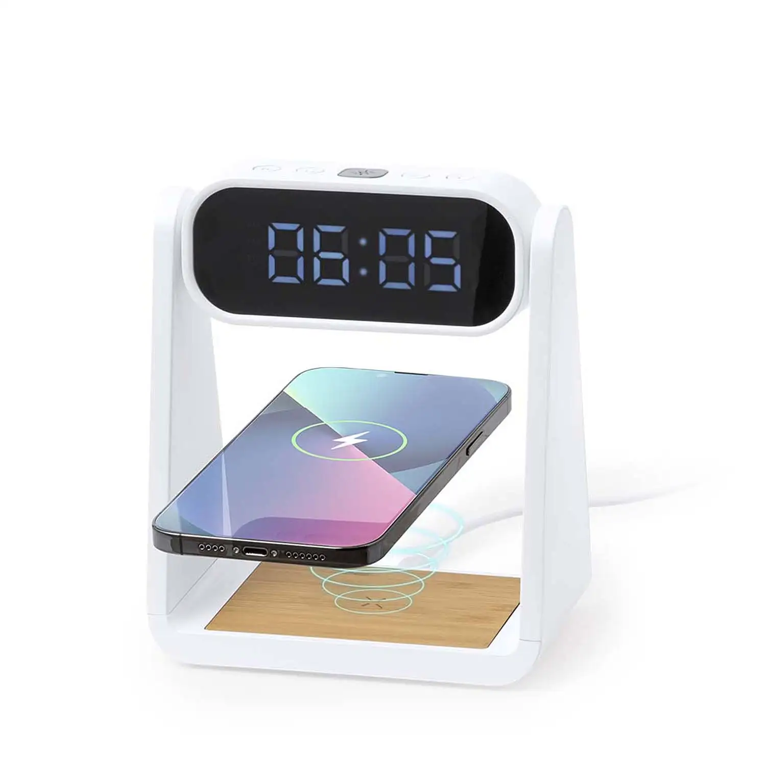 Reloj multifunción Darret con pantalla retroiluminada, función lámpara y cargador inalámbrico 10W integrado.