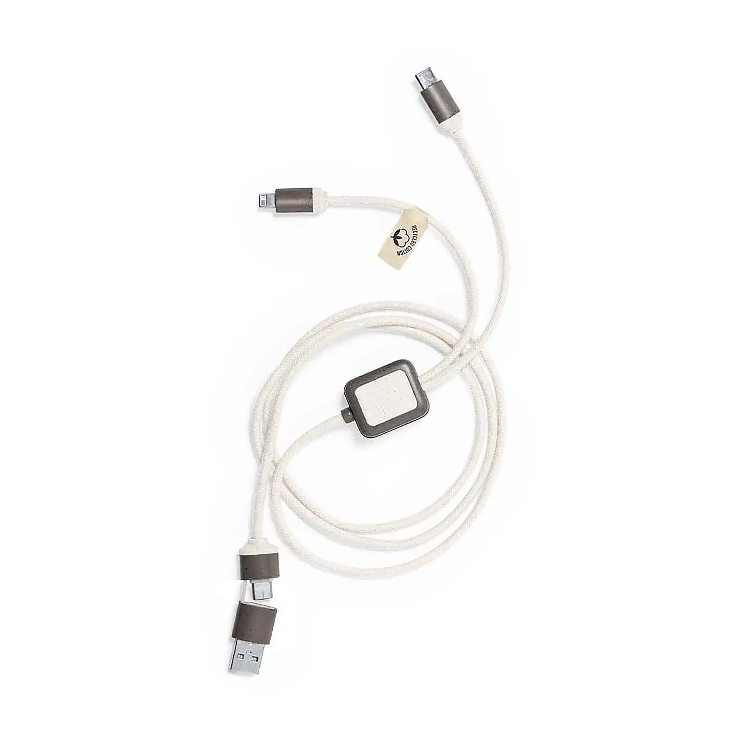 Cable triple cargador nature fibra café/algodón: Micro USB, Tipo C y Lightning 5V DC 2.4A