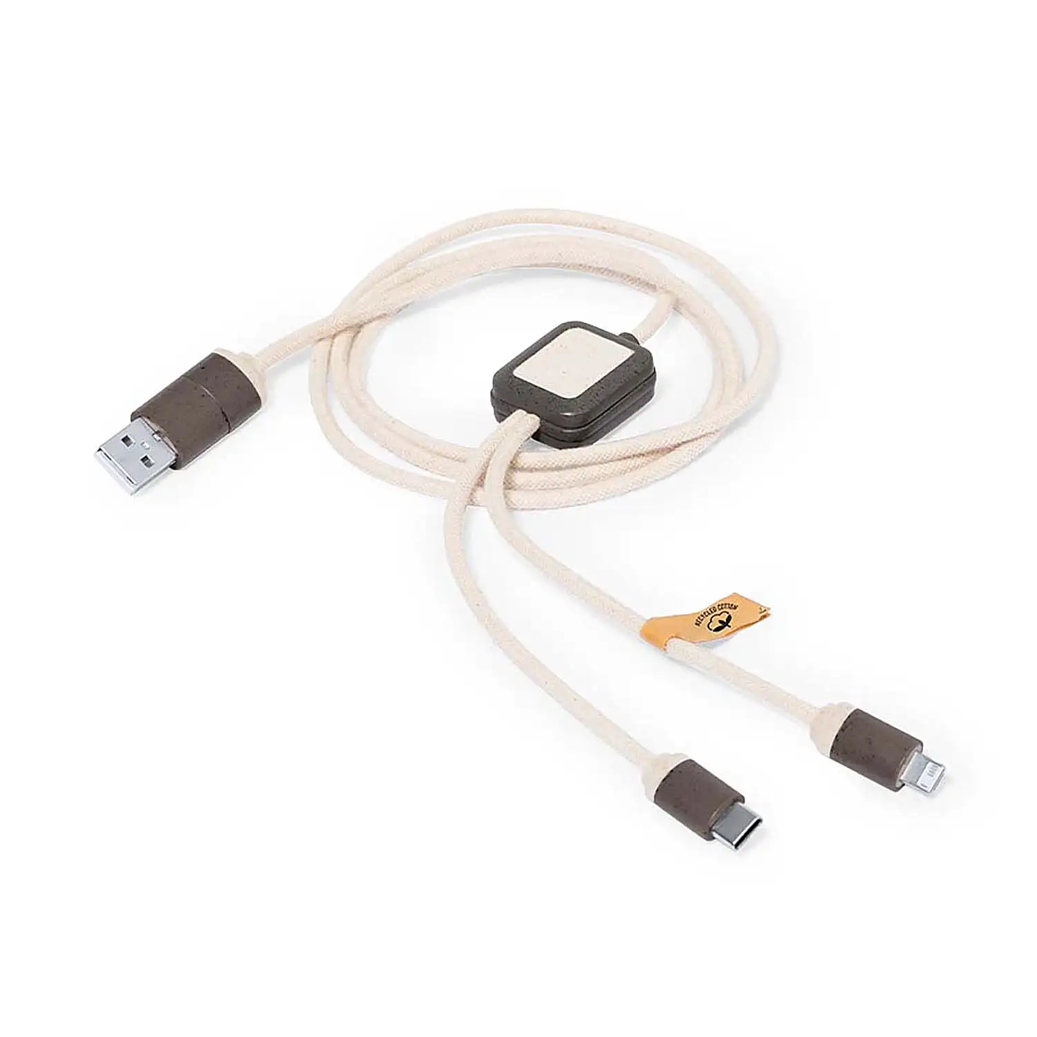 Cable triple cargador nature fibra café/algodón: Micro USB, Tipo C y Lightning 5V DC 2.4A